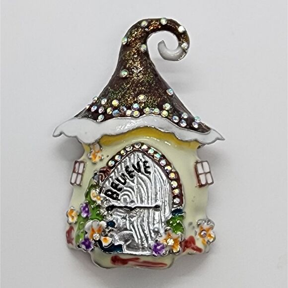 Fairy Elf House Brooch Believe Door Rhinestones & Dripping Oil Finish Forest - Picture 1 of 4